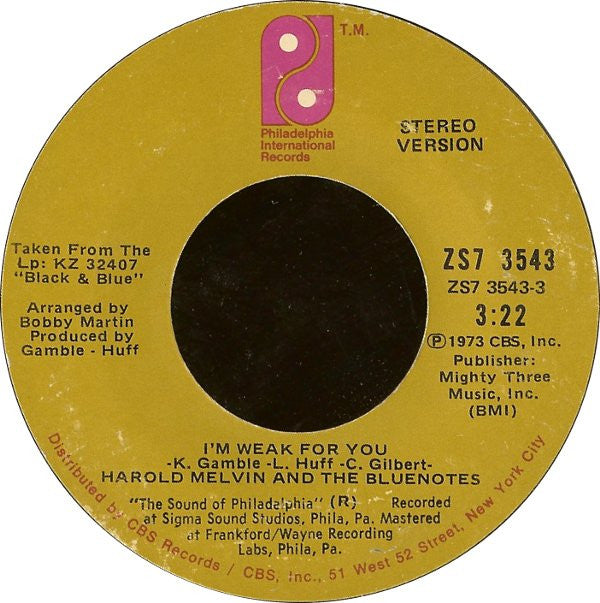Harold Melvin And The Blue Notes : I'm Weak For You (7", Styrene, Ter)