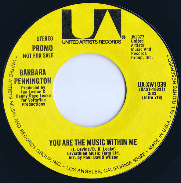 Barbara Pennington : You Are The Music Within Me (7", Single, Mono, Promo, Styrene)