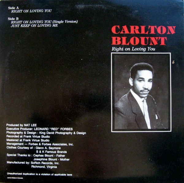 Carlton Blount : Right On Loving You (12", Single)