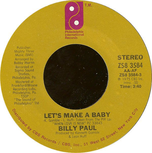 Billy Paul : Let's Make A Baby / My Head's On Straight (7")