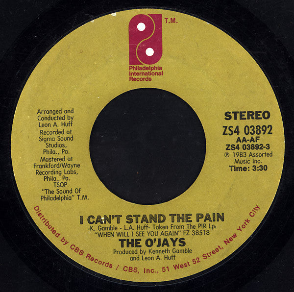The O'Jays : I Can't Stand The Pain (7", Single, Styrene, Pit)