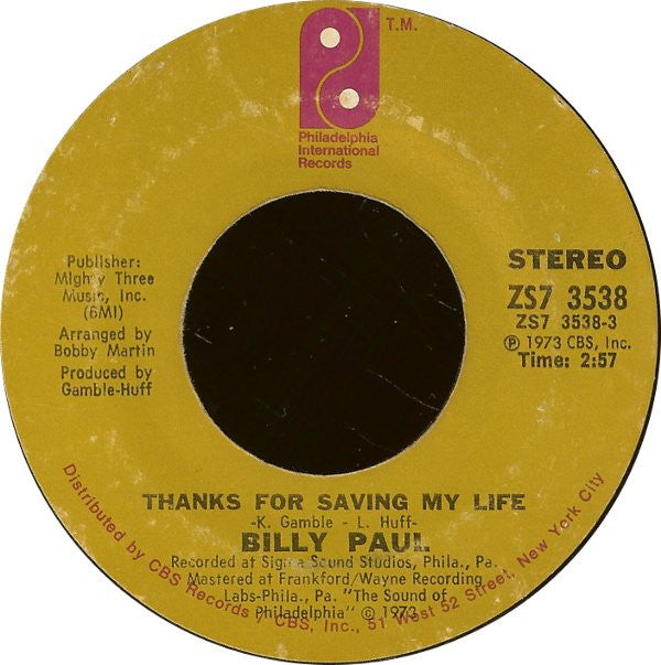 Billy Paul : Thanks For Saving My Life (7", Styrene)