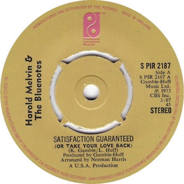 Harold Melvin And The Blue Notes : Satisfaction Guaranteed (Or Take Your Love Back) (7", Single, 4-p)
