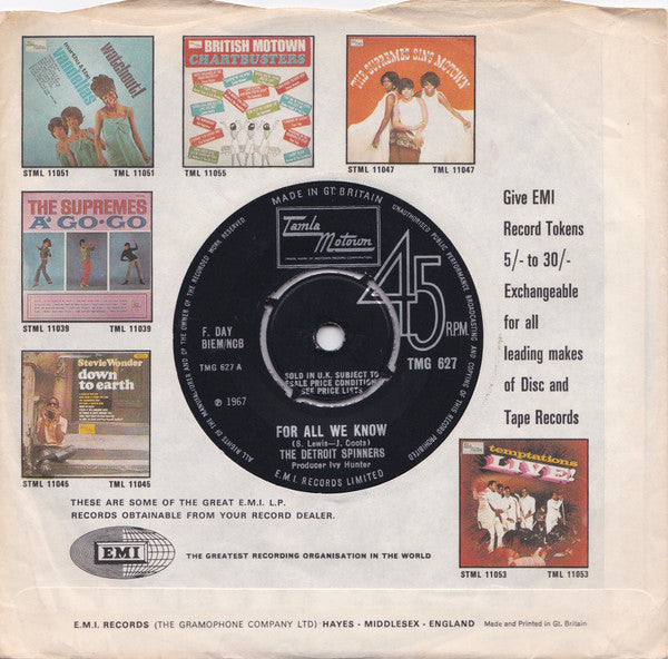 The Detroit Spinners* : For All We Know (7", Single, Pus)