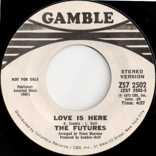 The Futures : Love Is Here (7", Single, Mono, Promo, Styrene)