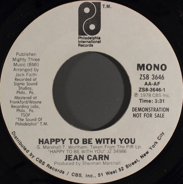 Jean Carn : Happy To Be With You (7", Mono, Promo, Styrene)
