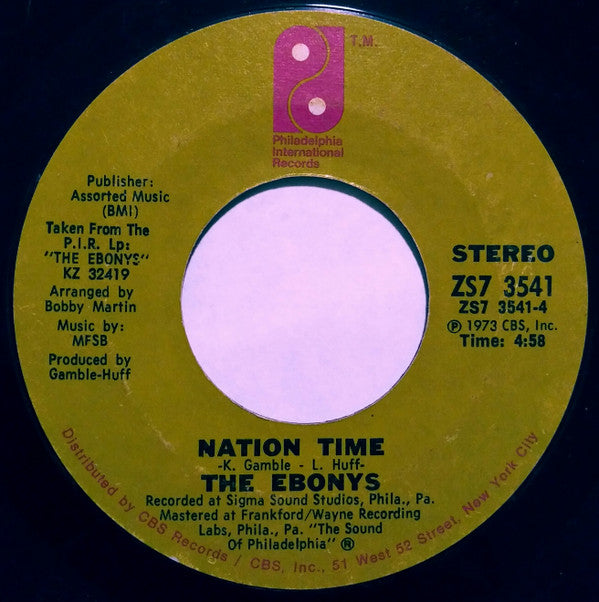 The Ebonys : I Believe / Nation Time (7", Styrene, Ter)
