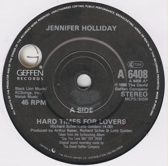 Jennifer Holliday : Hard Times For Lovers (7", Single)