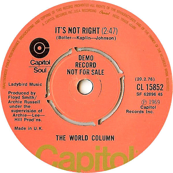 World Column : So Is The Sun (7", Single, Promo, RE)