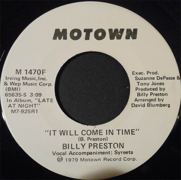Billy Preston : It Will Come In Time (7", Single, Promo)