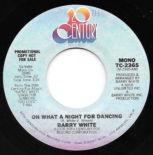 Barry White : Oh What A Night For Dancing (7", Mono, Promo)