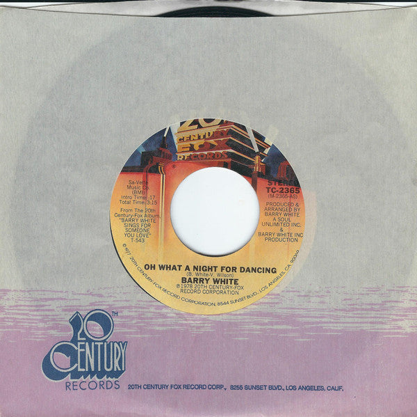 Barry White : Oh What A Night For Dancing (7", Single, Styrene, Ter)
