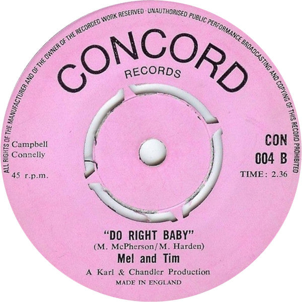 Mel And Tim* : Backfield In Motion / Do Right Baby (7", Pin)