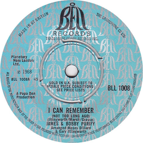 James & Bobby Purify : I Can Remember (Not Too Long Ago) (7")