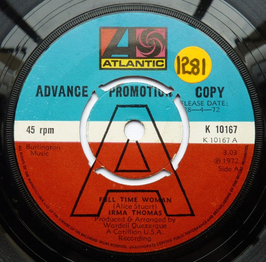 Irma Thomas : Full Time Woman (7", Promo)