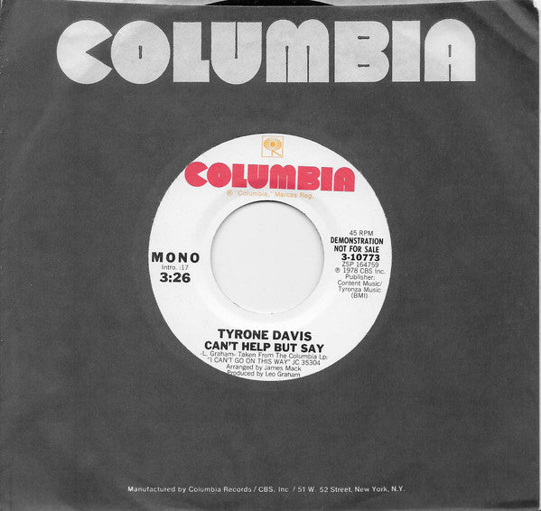 Tyrone Davis : Can't Help But Say (7", Mono, Promo)