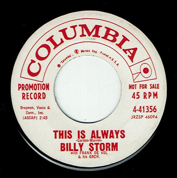Billy Storm : This Is Always / I've Come Of Age (7", Promo)
