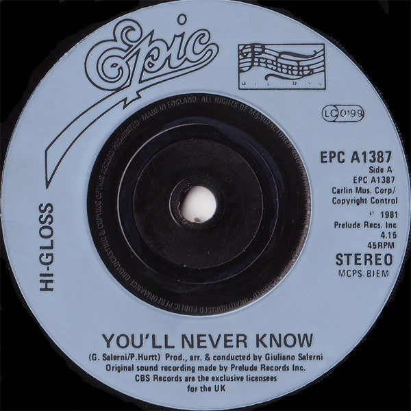 Hi-Gloss : You'll Never Know (7", Single, Inj)