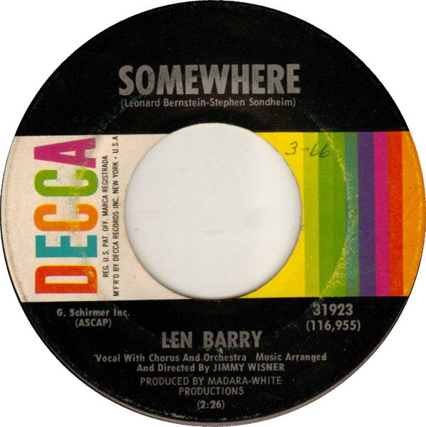 Len Barry : Somewhere (7", Single, Pin)