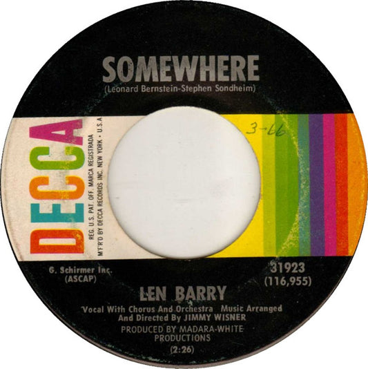 Len Barry : Somewhere (7", Single, Pin)