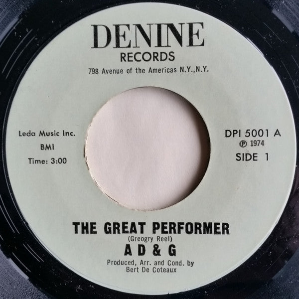 A D & G : The Great Performer / Check Out Your Friends (7", Single, Gre)
