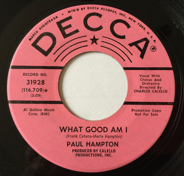 Paul Hampton : What Good Am I (7", Single, Promo)