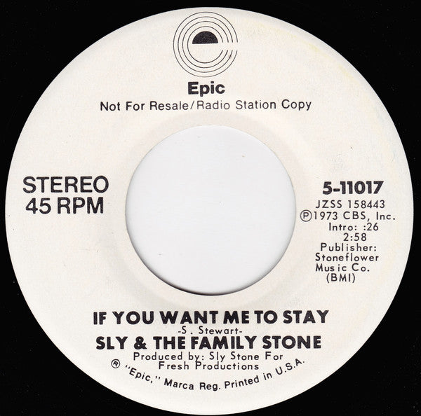 Sly & The Family Stone : If You Want Me To Stay (7", Single, Mono, Promo)