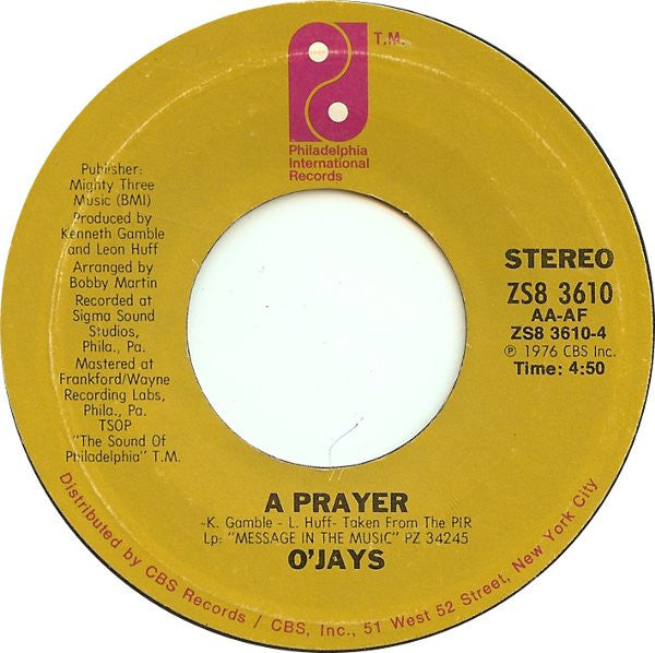 The O'Jays : Darlin' Darlin' Baby (Sweet, Tender, Love) / A Prayer (7", Styrene, Ter)