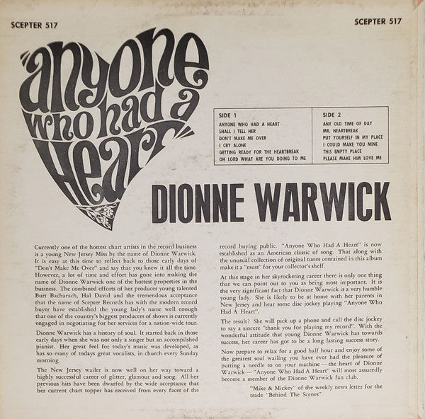 Dionne Warwick : Anyone Who Had A Heart (LP, Album, Pit)