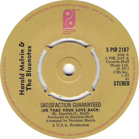 Harold Melvin And The Blue Notes : Satisfaction Guaranteed (Or Take Your Love Back) (7", Single, 4-p)