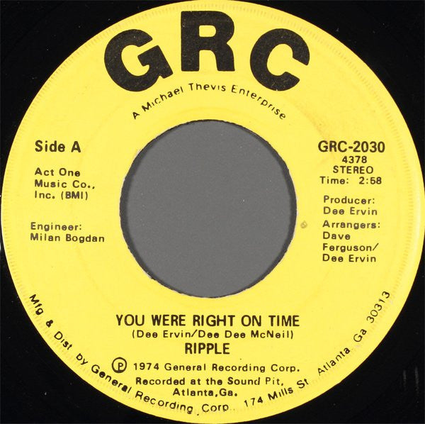 Ripple : You Were Right On Time / I'll Be Right There Trying (7", Single)