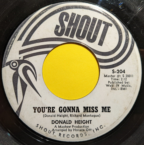 Donald Height : My Baby's Gone / You're Gonna Miss Me (7", Promo)