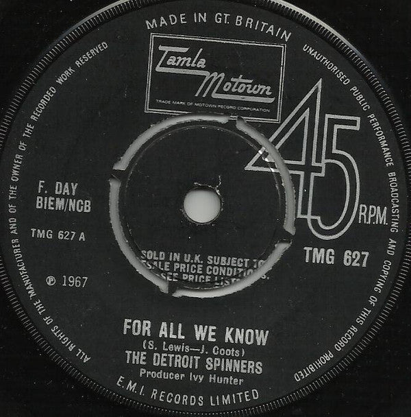 Spinners : For All We Know (7", Single, Pus)