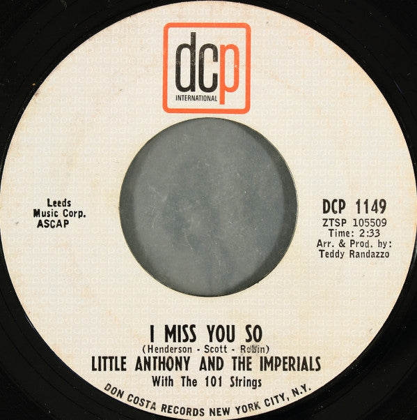 Little Anthony And The Imperials* : I Miss You So (7", Mono, Styrene, Pit)