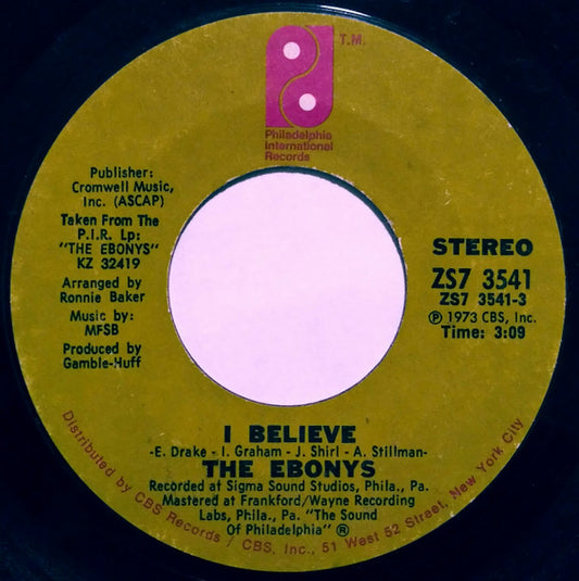 The Ebonys : I Believe / Nation Time (7", Styrene, Ter)