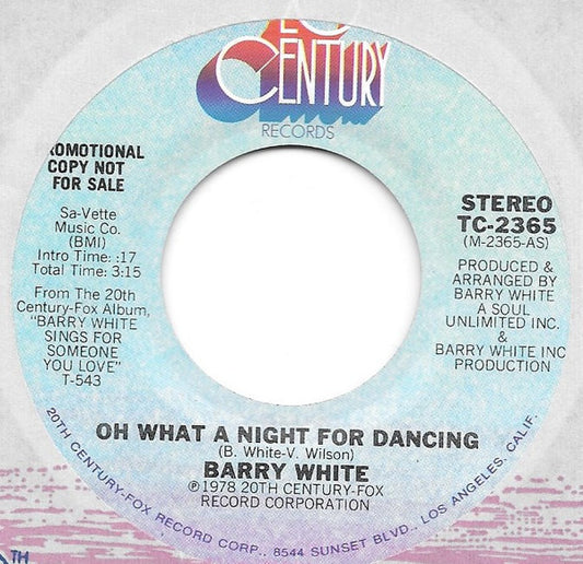 Barry White : Oh What A Night For Dancing (7", Mono, Promo)