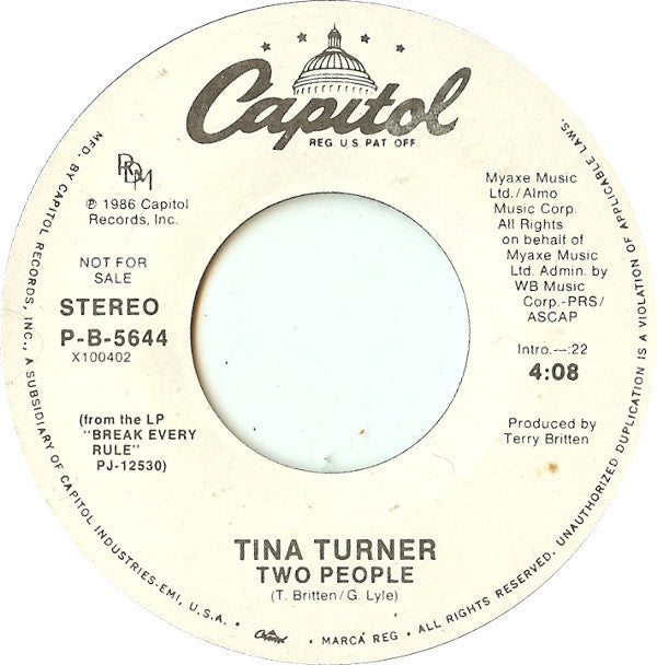 Tina Turner : Two People (7", Single, Promo, Styrene, All)