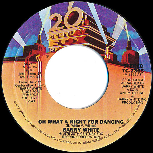 Barry White : Oh What A Night For Dancing (7", Single, Styrene, Ter)