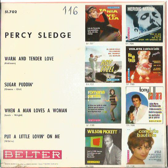 Percy Sledge : Warm And Tender Love / Sugar Puddin' / When A Man Loves A Woman / Put A Little Lovin' On Me (7", EP, Mono)