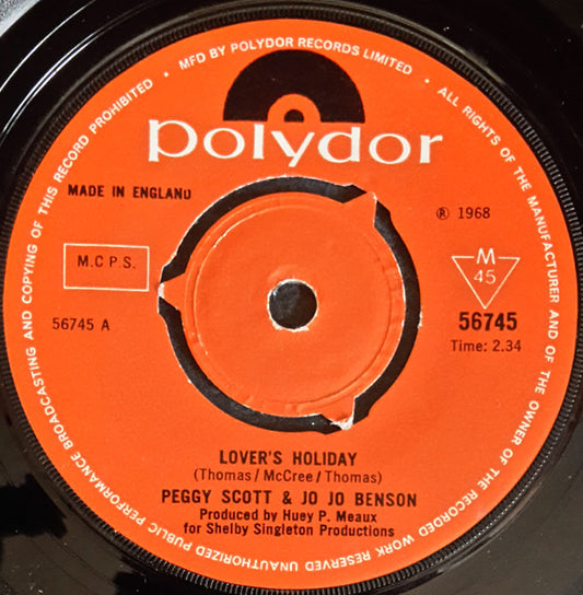 Peggy Scott & Jo Jo Benson : Lover's Holiday / Here With Me (7", Single, Mono)