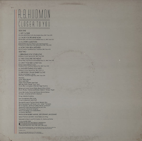 R.B. Hudmon : Closer To You (LP, Album, RI )