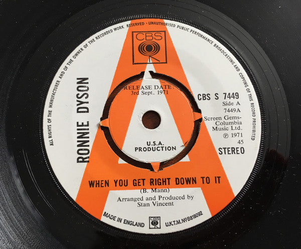 Ronnie Dyson : When You Get Right Down To It (7", Promo)