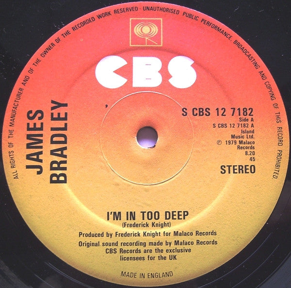 James Bradley (2) : I'm In Too Deep / I Can't Get Enough Of Your Love (12", Single, Ltd)