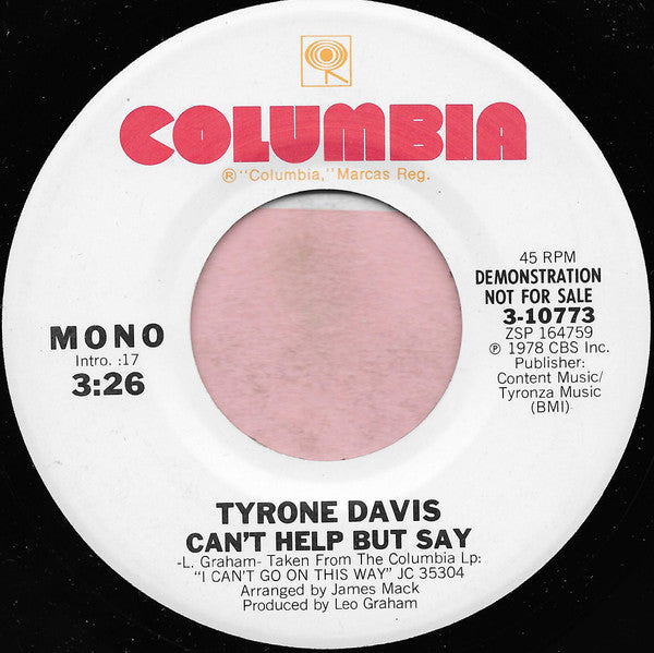 Tyrone Davis : Can't Help But Say (7", Mono, Promo)