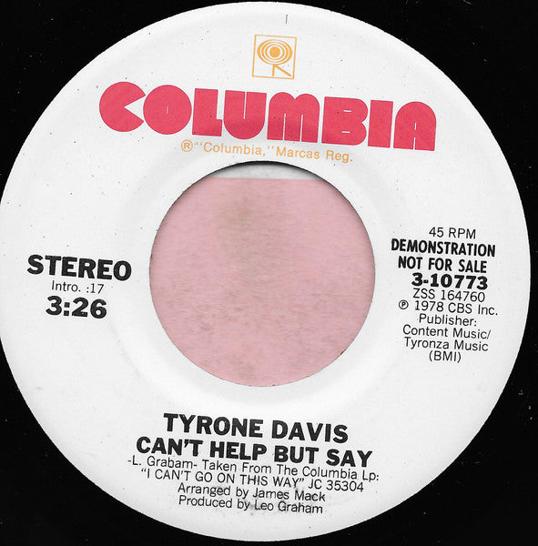 Tyrone Davis : Can't Help But Say (7", Mono, Promo)