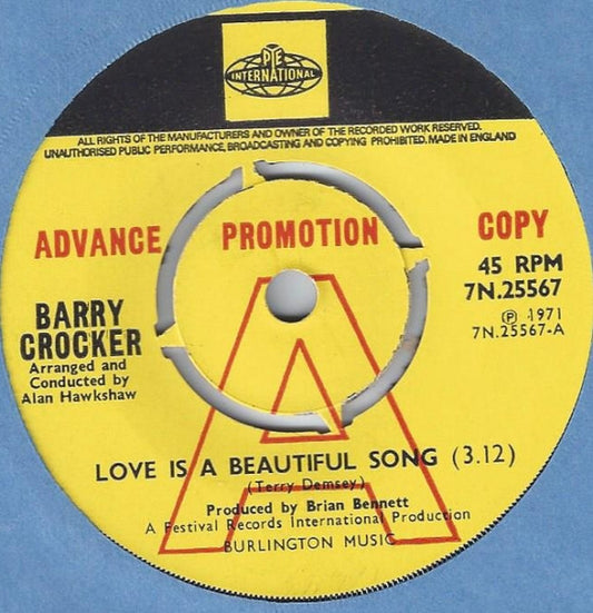 Barry Crocker : Love Is A Beautiful Song / Sarah's Coming Home (7", Promo)