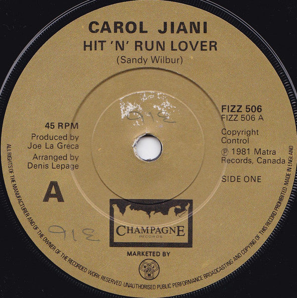 Carol Jiani : Hit 'N' Run Lover (7", Single)