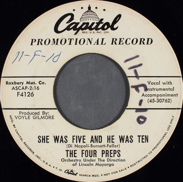 The Four Preps : She Was Five And He Was Ten (7", Single, Promo)