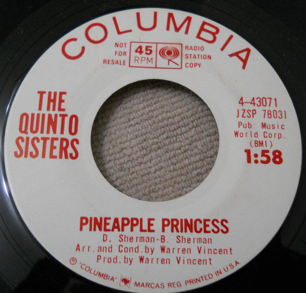 The Quinto Sisters : Summer Nights/Pineapple Princess (7", Single, Promo)