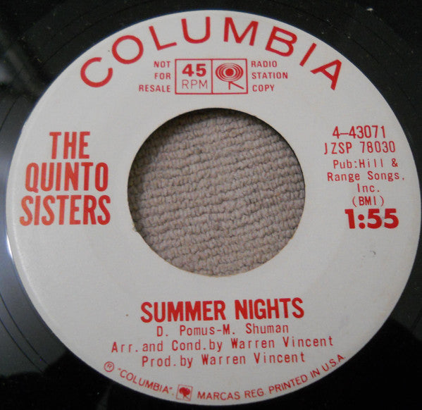 The Quinto Sisters : Summer Nights/Pineapple Princess (7", Single, Promo)